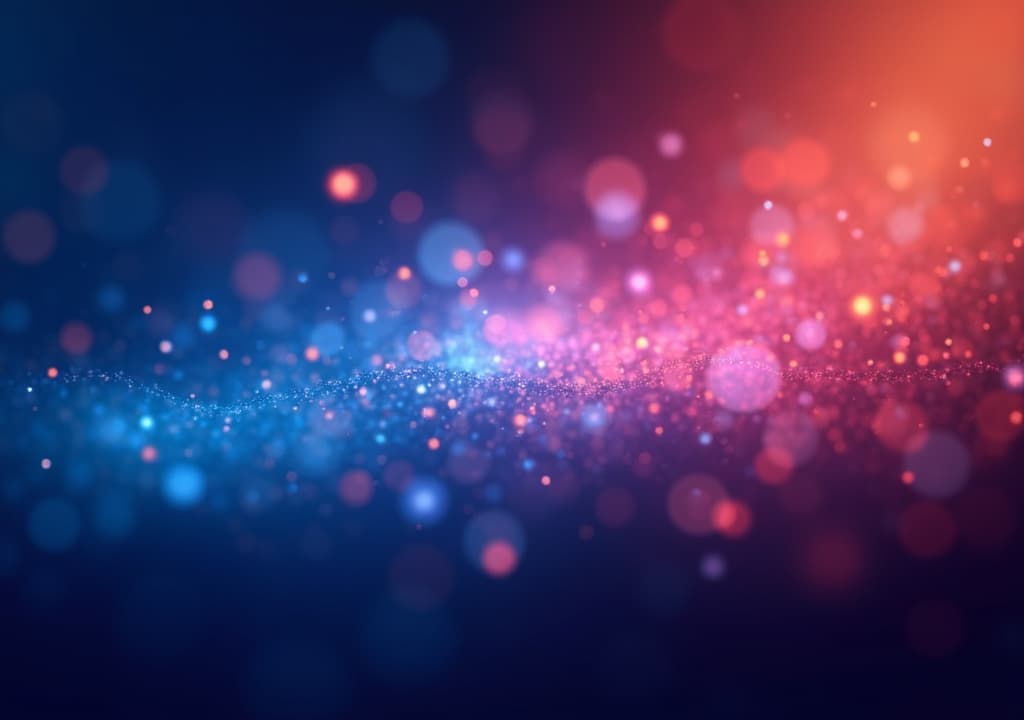  good quality, high quality, abstract background with glowing particles in blue, pink, and orange hues.