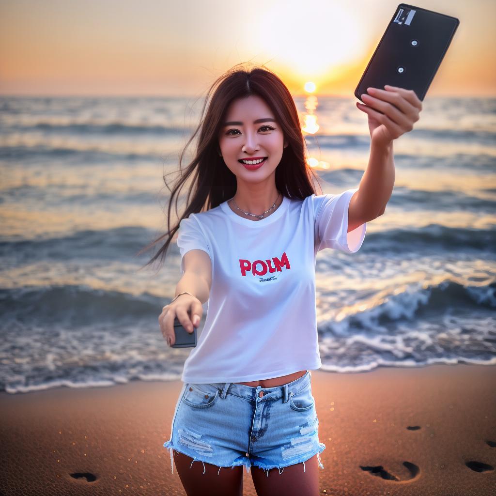  (a selfie photo:1.8), a beautiful Japanese girl, long straight black hair, white tee, denim shorts, smiling, at sunset, on the beach hyperrealistic, full body, detailed clothing, highly detailed, cinematic lighting, stunningly beautiful, intricate, sharp focus, f/1. 8, 85mm, (centered image composition), (professionally color graded), ((bright soft diffused light)), volumetric fog, trending on instagram, trending on tumblr, HDR 4K, 8K