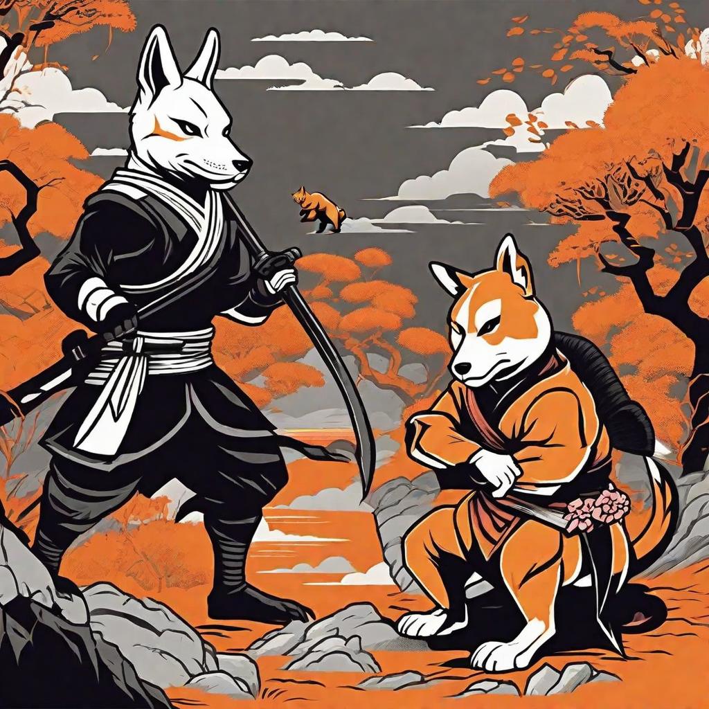  create a scene of several characters including 1 ninja in orange and black komodo with his ferocious shiba dog at his feet include 1 female ninja wearing white and pink sakura attire with her ferocious cheetah by her feet include 1 ninja zombie with his ferocious dragon + you have a white rabbit coming out of a hole insinuating you should be going down this rabbit hole 🕳️ and the theme is japanese old buildings with modern flare and sakura trees hyperrealistic, full body, detailed clothing, highly detailed, cinematic lighting, stunningly beautiful, intricate, sharp focus, f/1. 8, 85mm, (centered image composition), (professionally color graded), ((bright soft diffused light)), volumetric fog, trending on instagram, trending on tumblr, HDR 4K, 8K