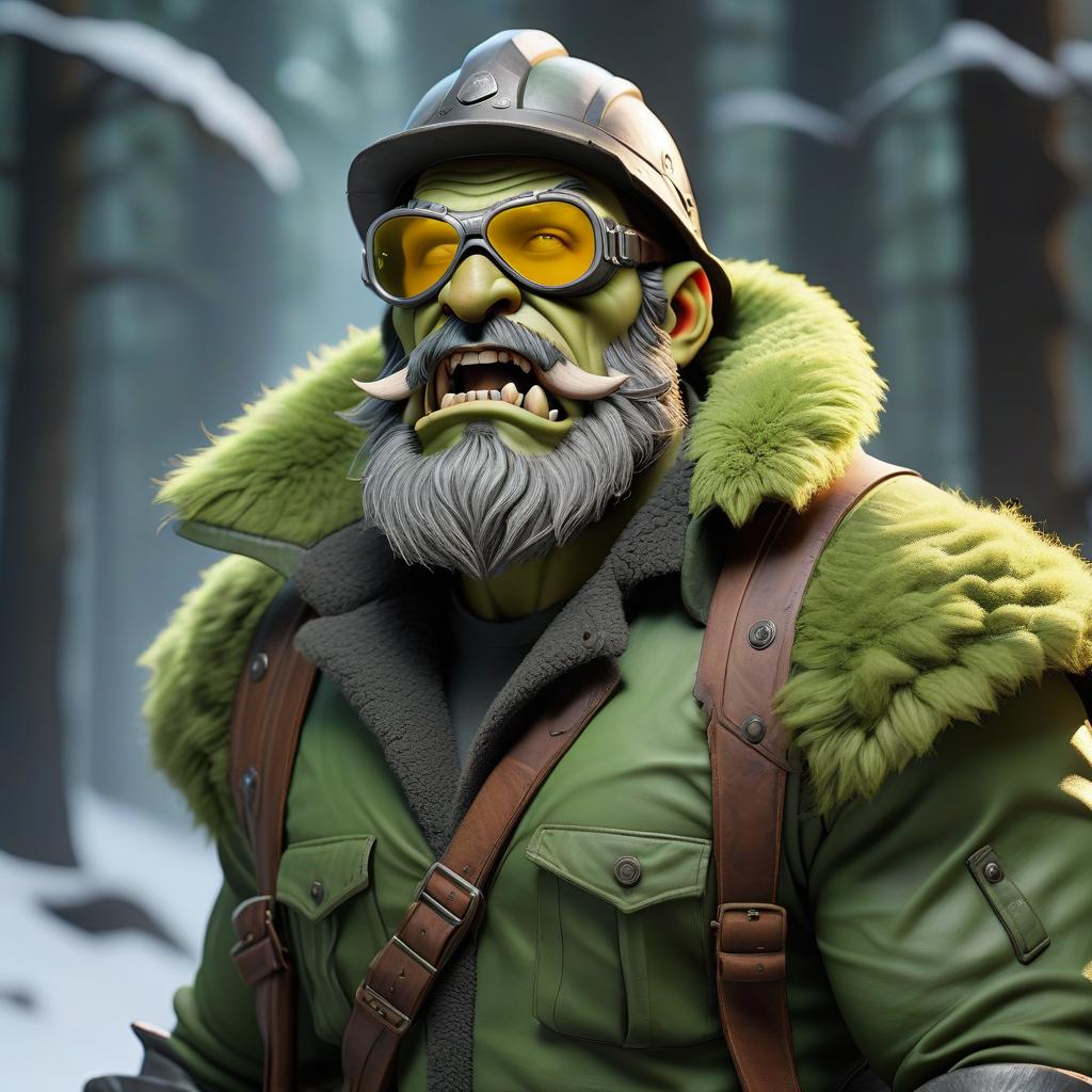  monochrome background, exaggerated styling, casual style, orc engineer, green skin tone, wearing welding goggles, winter hat, beard, two sets of fangs looking up, massive jaw hyperrealistic, full body, detailed clothing, highly detailed, cinematic lighting, stunningly beautiful, intricate, sharp focus, f/1. 8, 85mm, (centered image composition), (professionally color graded), ((bright soft diffused light)), volumetric fog, trending on instagram, trending on tumblr, HDR 4K, 8K