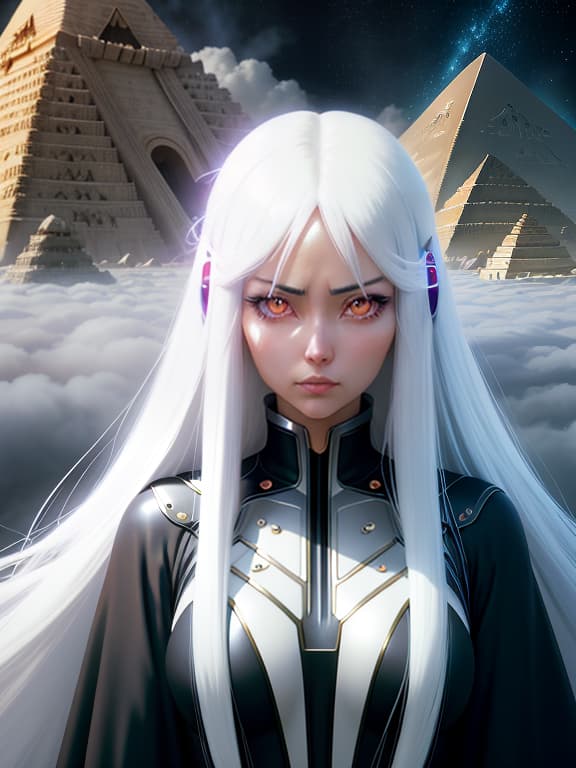  Beautiful extraterrestrial woman with long, white hair and twin pupils in front of pyramids., Manga big eyes expressive faces colorful hair Hayao Miyazaki Masashi Kishimoto Makoto Shinkai CLAMP Yoshiyuki Sadamoto hyperrealistic, full body, detailed clothing, highly detailed, cinematic lighting, stunningly beautiful, intricate, sharp focus, f/1. 8, 85mm, (centered image composition), (professionally color graded), ((bright soft diffused light)), volumetric fog, trending on instagram, trending on tumblr, HDR 4K, 8K