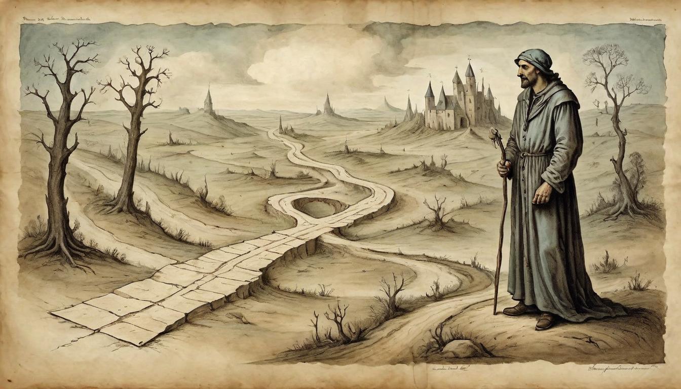  on parchment, surrealism+++, A figure standing at a crossroad, pathways eroded behind, symbol of questioned capability, uncertainty(mysterious, provocative, symbolic,muted color)+++