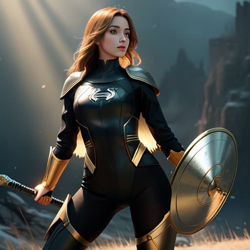  Beautiful female, youg human with a shiny new shield 🛡 round, likes to throw the shield The young woman is superhero in the middle ages , she likes to wear black and golden bodysuit with boots, hyperrealistic, high quality, highly detailed, cinematic lighting, intricate, sharp focus, f/1. 8, 85mm, (centered image composition), (professionally color graded), ((bright soft diffused light)), volumetric fog, trending on instagram, HDR 4K, 8K