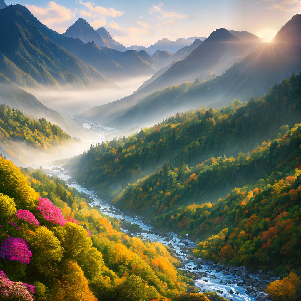  ((masterpiece)),(((best quality))), 8k, high detailed, ultra-detailed. A landscape painting. Mountains, flowing river, (lush green trees), (colorful flowers in the foreground), (misty atmosphere), (birds flying in the sky), (golden sunlight). hyperrealistic, full body, detailed clothing, highly detailed, cinematic lighting, stunningly beautiful, intricate, sharp focus, f/1. 8, 85mm, (centered image composition), (professionally color graded), ((bright soft diffused light)), volumetric fog, trending on instagram, trending on tumblr, HDR 4K, 8K