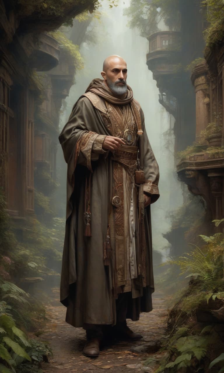  In the style of Jean Baptiste Monge, full length view, closed portrait of a Victorian wandering monk in a picturesque mysterious environment intricate, elegant, highly detailed, centered, digital painting, art, concept art, smooth, sharp focus, illustrations, arterms, tomas alen coper, Peter Mohrbacher, Donato Gger yancola, Joseph Christian Leyendecker, Wop Leyendecker, Wop, wlop, wop, hyperrealistic, full body, detailed clothing, highly detailed, cinematic lighting, stunningly beautiful, intricate, sharp focus, f/1. 8, 85mm, (centered image composition), (professionally color graded), ((bright soft diffused light)), volumetric fog, trending on instagram, trending on tumblr, HDR 4K, 8K