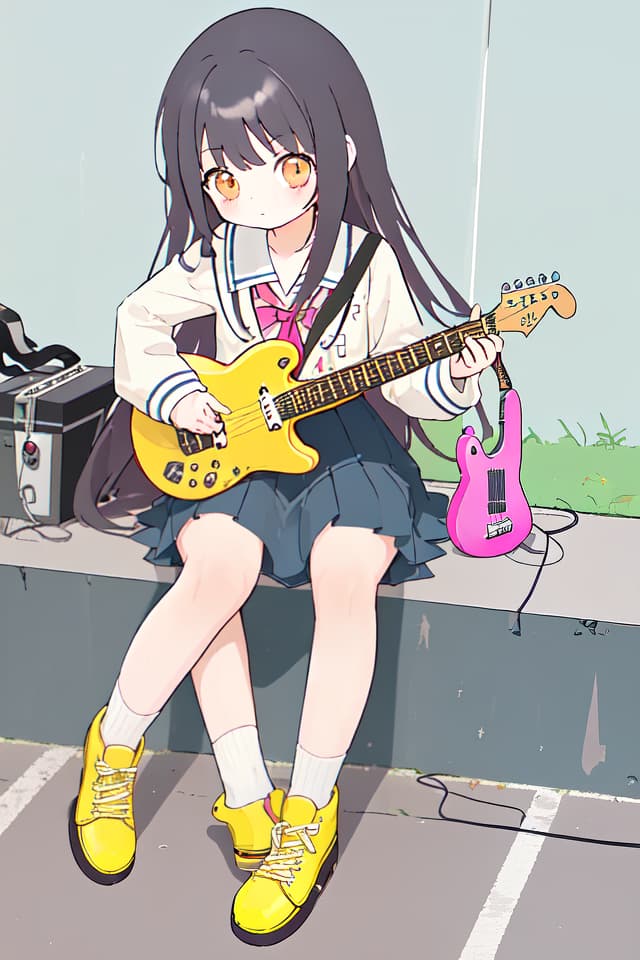  High school girl, mini character, cute, electric guitar, long hair, hanging, sitting on the ground, put an electric guitar on the knee, cross hand