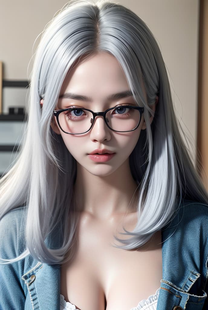  A confident and outgoing Korean woman with long, white hair and glasses, her piercing blue eyes gazing directly at you and her full, pouty lips parted in a challenge. High Quality, Captivating,ADVERTISING PHOTO,high quality, good proportion, masterpiece ,, The image is captured with an 8k camera and edited using the latest digital tools to produce a flawless final result.
