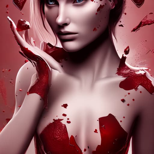mdjrny-v4 style female hands hold a red, voluminous, small heart broken into fragments