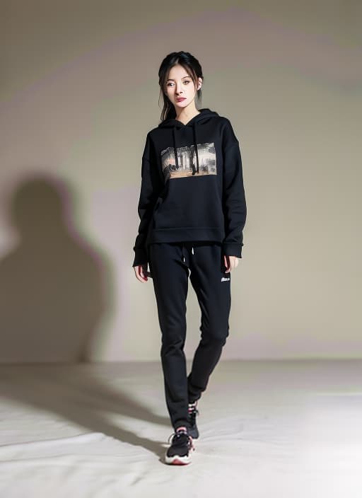  a woman wear a black sweatshirt,ADVERTISING PHOTO,high quality,masterpiece