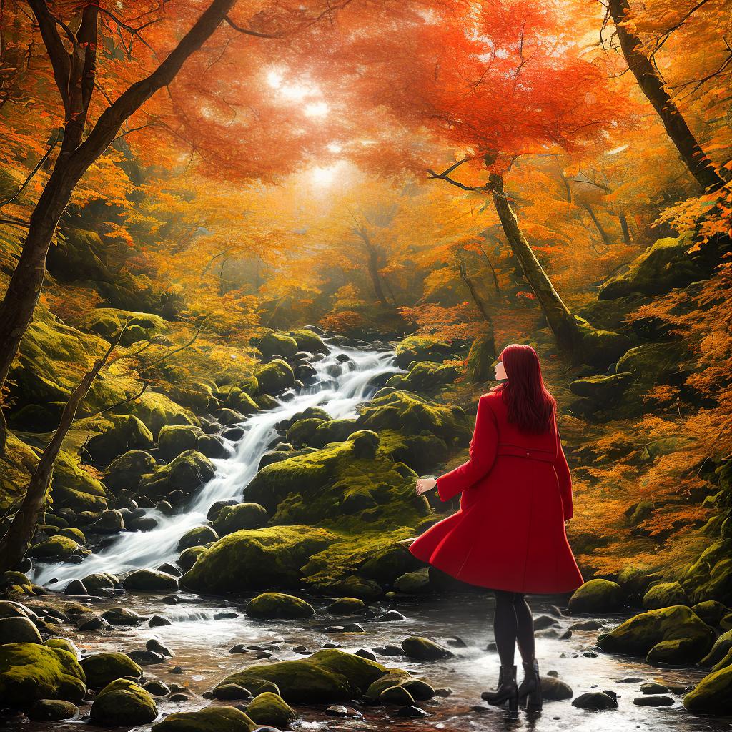  A masterpiece of 楓紅深秋景, featuring the best quality and ultra-detailed 8k resolution. This stunning scene captures the essence of autumn with vibrant red maple leaves. The main subject of the scene is a girl standing in a picturesque forest clearing. The girl is wearing a ((red coat)) and holding a basket filled with freshly fallen leaves. Surrounding her are tall trees with golden and orange foliage. Sunlight filters through the branches, creating a warm and magical atmosphere. The scene also includes a small wooden bench ((nestled between two trees)) and a gentle stream ((flowing nearby)). The artist skillfully captures the intricate details of each leaf and the mesmerizing reflections on the water's surface. This breathtaking ar hyperrealistic, full body, detailed clothing, highly detailed, cinematic lighting, stunningly beautiful, intricate, sharp focus, f/1. 8, 85mm, (centered image composition), (professionally color graded), ((bright soft diffused light)), volumetric fog, trending on instagram, trending on tumblr, HDR 4K, 8K