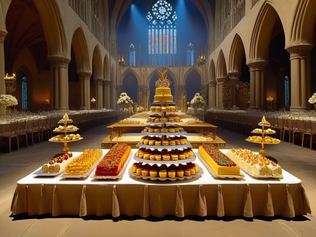  A lavish medieval banquet table adorned with an array of intricately decorated pastries and sweets, featuring golden goblets and ornate silverware set against a backdrop of a grand medieval hall with towering stone pillars and stained glass windows casting colorful light beams. The pastries are meticulously crafted, showcasing detailed sugar sculptures of mythical creatures and delicate floral patterns, evoking a sense of opulence and grandeur fit for a royal feast. hyperrealistic, full body, detailed clothing, highly detailed, cinematic lighting, stunningly beautiful, intricate, sharp focus, f/1. 8, 85mm, (centered image composition), (professionally color graded), ((bright soft diffused light)), volumetric fog, trending on instagram, trending on tumblr, HDR 4K, 8K