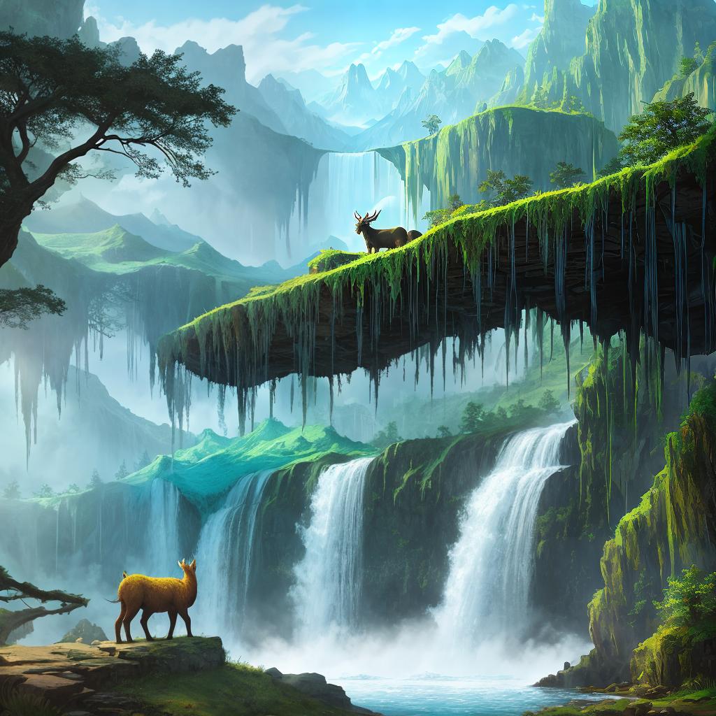  in a fantasy setting, Paint a surreal landscape where mythical beasts roam amidst cascading waterfalls.