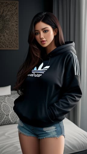  A young women Have dark blue colour eyes have grey colour wolf cut long hair wearing adidas black colour hoodie and wearing adidas black shorts big boobs and big buttkocks white colour skin in the bedroom, ((masterpiece, best quality)), (intricate details, hyperdetailed:1.15), Detailed background, HDR 4K, 8K