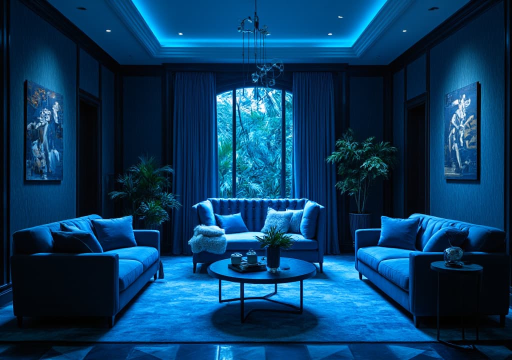  good quality, high quality, capture an unedited 8k photograph styled after mario testino. the scene features a sharp, hyperrealistic, and highly detailed view of a living room designed in the art deco style, characterized by 1920s 30s geometric patterns and luxury materials. the image should introduce a vibrant blue effect (rgb color value for blue), professionally color graded with bright, soft diffused light. the shot is taken using a 100mm f/2.8 telephoto lens under nocturnal lighting. emphasize a mystery movie ambiance by applying cinestill 800t film grain to enhance a nostalgic style, drawing from past decades with vintage color schemes and dense, intricately blurred backgrounds that amplify the scene’s stunning beauty.