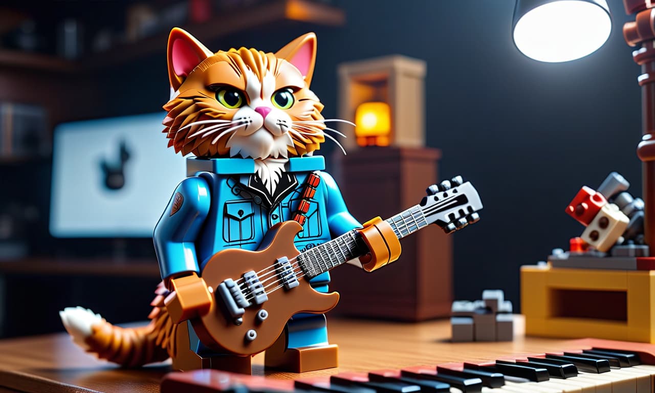  Video cover, invention of a guitar made of Lego. A very surprised cat looks at the Lego guitar. hyperrealistic, full body, detailed clothing, highly detailed, cinematic lighting, stunningly beautiful, intricate, sharp focus, f/1. 8, 85mm, (centered image composition), (professionally color graded), ((bright soft diffused light)), volumetric fog, trending on instagram, trending on tumblr, HDR 4K, 8K