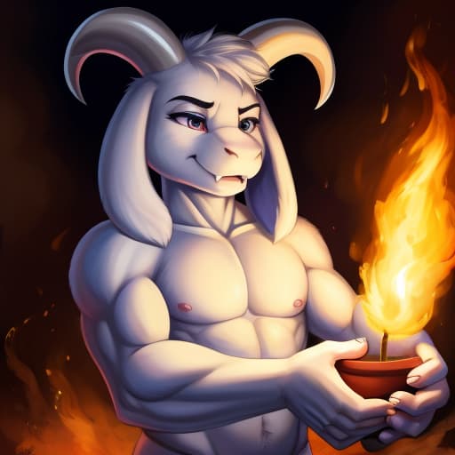  Asriel magically enlarges her , big , jock, the burns with a magical flame,It hurts a , s,., open eyes, digital art, masterpiece, 4k, fine details,