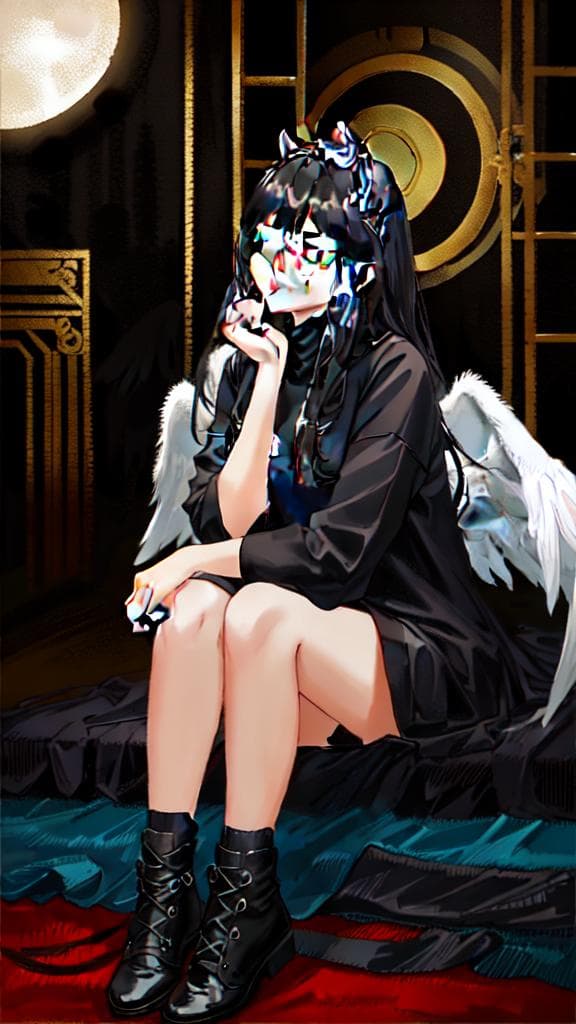 (****), 1girl, black hair, angel of death, innocent, brown eyes, diadem, angel wings, black clothes, full body, arms behind back, sky, halo, post apocalypse,