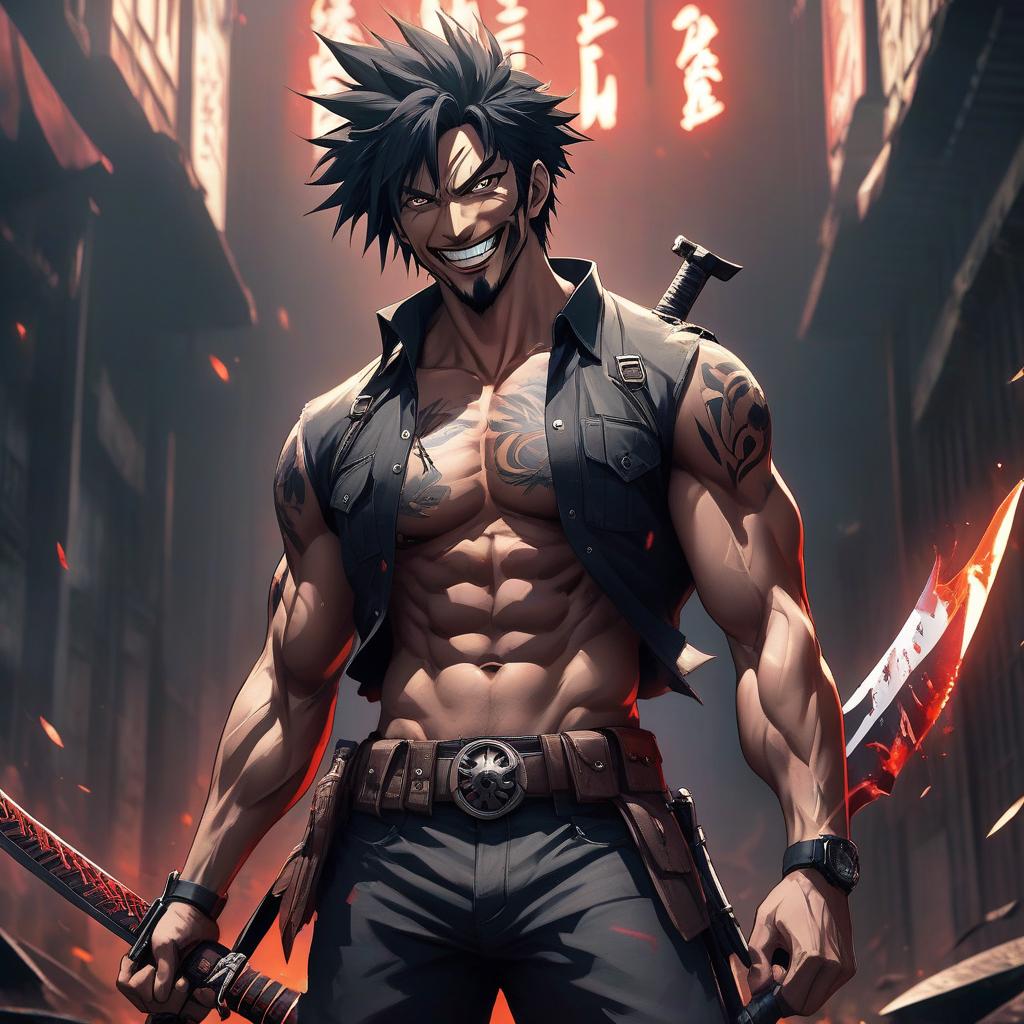  anime artwork A man, a terrifying smile, a killer, a machete in his hands, standing tall. . anime style, key visual, vibrant, studio anime, highly detailed hyperrealistic, full body, detailed clothing, highly detailed, cinematic lighting, stunningly beautiful, intricate, sharp focus, f/1. 8, 85mm, (centered image composition), (professionally color graded), ((bright soft diffused light)), volumetric fog, trending on instagram, trending on tumblr, HDR 4K, 8K