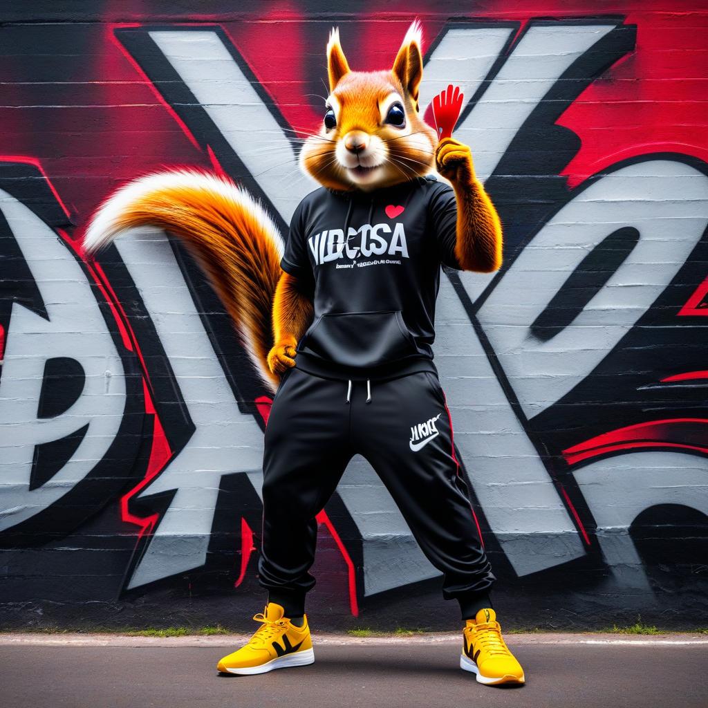  graffiti style Wall with graffiti, image of a cool dancing squirrel in black wide sports pants and white top, and yellow sneakers against a red black white sign. Graffiti . street art, vibrant, urban, detailed, tag, mural hyperrealistic, full body, detailed clothing, highly detailed, cinematic lighting, stunningly beautiful, intricate, sharp focus, f/1. 8, 85mm, (centered image composition), (professionally color graded), ((bright soft diffused light)), volumetric fog, trending on instagram, trending on tumblr, HDR 4K, 8K