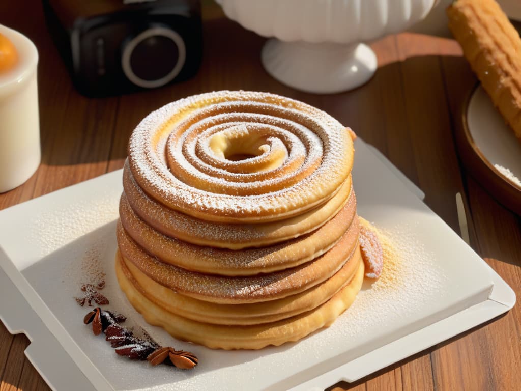  A highly detailed image of a perfectly crafted Spanish churro, dusted with cinnamon sugar, resting on a delicate porcelain plate. The churro is golden and crispy on the outside, with a soft, doughy interior peeking through. Its ridged texture reflects the light beautifully, showcasing the expert craftsmanship that goes into creating this beloved Spanish treat. The plate sits on a rustic wooden table, creating a simple yet elegant setting that highlights the beauty and artistry of Spanish pastrymaking. hyperrealistic, full body, detailed clothing, highly detailed, cinematic lighting, stunningly beautiful, intricate, sharp focus, f/1. 8, 85mm, (centered image composition), (professionally color graded), ((bright soft diffused light)), volumetric fog, trending on instagram, trending on tumblr, HDR 4K, 8K