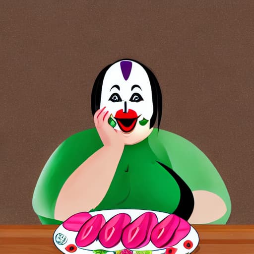  Create a prompt of an image of a fat woman sitting at a table in the kitchen, with her face painted like a clown looking at a plate of watermelon on a table