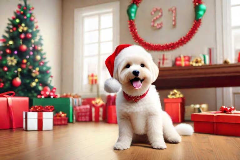  in the picture we see a cheerful dog dancing in the center of the room. a new years atmosphere reigns around her: garlands hang on the walls, decorated christmas trees stand on the floor, and gifts lie on the table. the dog is dressed in a bright costume that emphasizes her festive mood., cute, hyper detail, full HD hyperrealistic, full body, detailed clothing, highly detailed, cinematic lighting, stunningly beautiful, intricate, sharp focus, f/1. 8, 85mm, (centered image composition), (professionally color graded), ((bright soft diffused light)), volumetric fog, trending on instagram, trending on tumblr, HDR 4K, 8K
