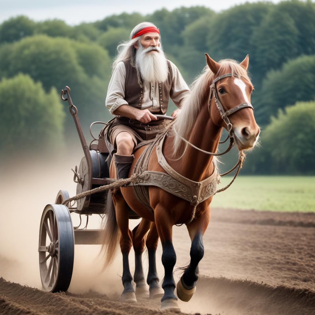  fairy tale athletically built man of 60 years with a long beard and hair headband in a canvas shirt plowing the ground with a plough horse in a harness, a large field, general plan, photographic quality, 8K, . magical, fantastical, enchanting, storybook style, highly detailed