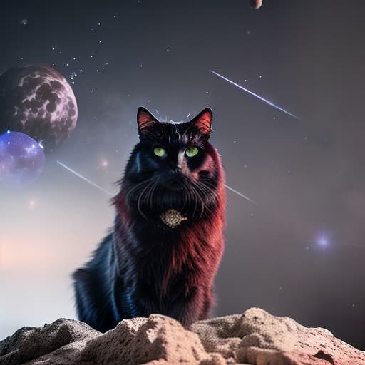  black cat on a background of space hyperrealistic, full body, detailed clothing, highly detailed, cinematic lighting, stunningly beautiful, intricate, sharp focus, f/1. 8, 85mm, (centered image composition), (professionally color graded), ((bright soft diffused light)), volumetric fog, trending on instagram, trending on tumblr, HDR 4K, 8K