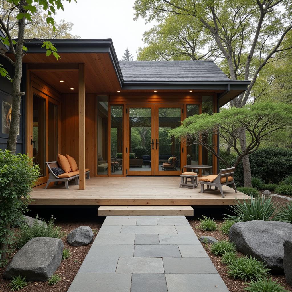  this editorial photography session focuses on an asian zen style deck. this design style is characterized by peace, harmony, and balance, utilizing a minimalist approach. the deck is a raised platform extending from the house, providing a serene outdoor space that reflects the tranquil aesthetics of zen philosophy.