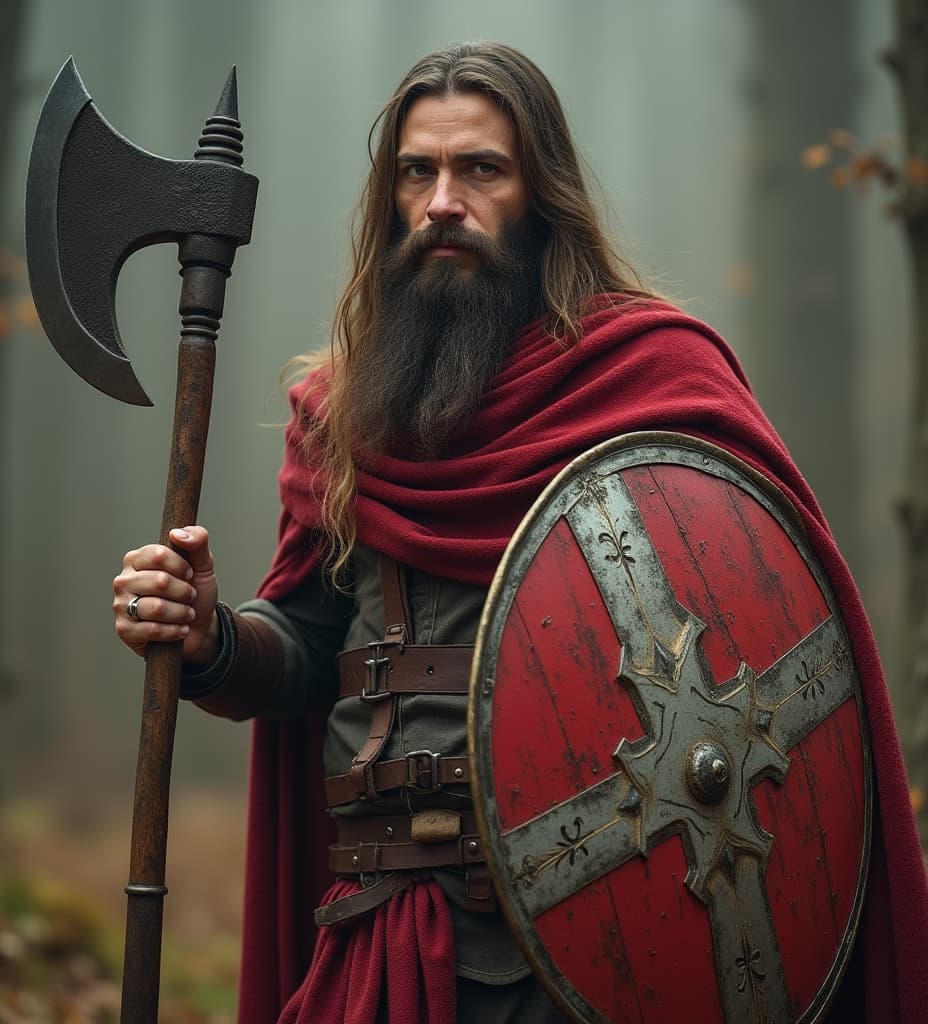  good quality, high quality, a transgender crusader with long hair and a beard, holding an axe and a shield with a cross on it