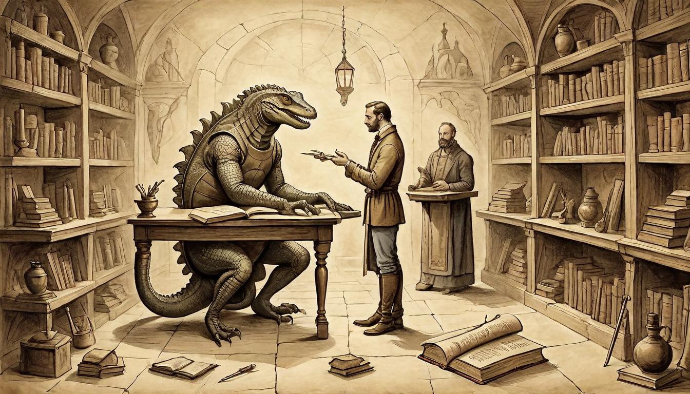  on parchment, surrealism+++, Human figure bowing slightly, hand over heart, towards a reptilian figure involved in practical tasks, background depicts a well organized space filled with tools and books, mood of sincere appreciation, warm(mysterious, provocative, symbolic,muted color)+++