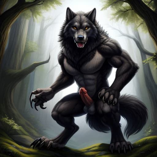  masterpiece, 1:2, werewolf, drawn in full height, claws, claw paws, fangs, erection of a wolf member,, open eyes, digital art, masterpiece, 4k, fine details,