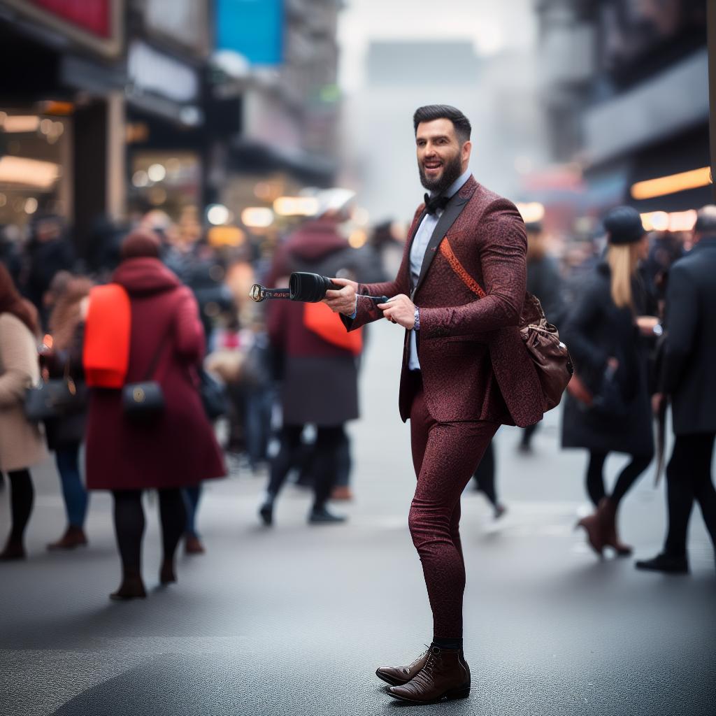  street performer in action with a bustling city as a blurred background hyperrealistic, full body, detailed clothing, highly detailed, cinematic lighting, stunningly beautiful, intricate, sharp focus, f/1. 8, 85mm, (centered image composition), (professionally color graded), ((bright soft diffused light)), volumetric fog, trending on instagram, trending on tumblr, HDR 4K, 8K