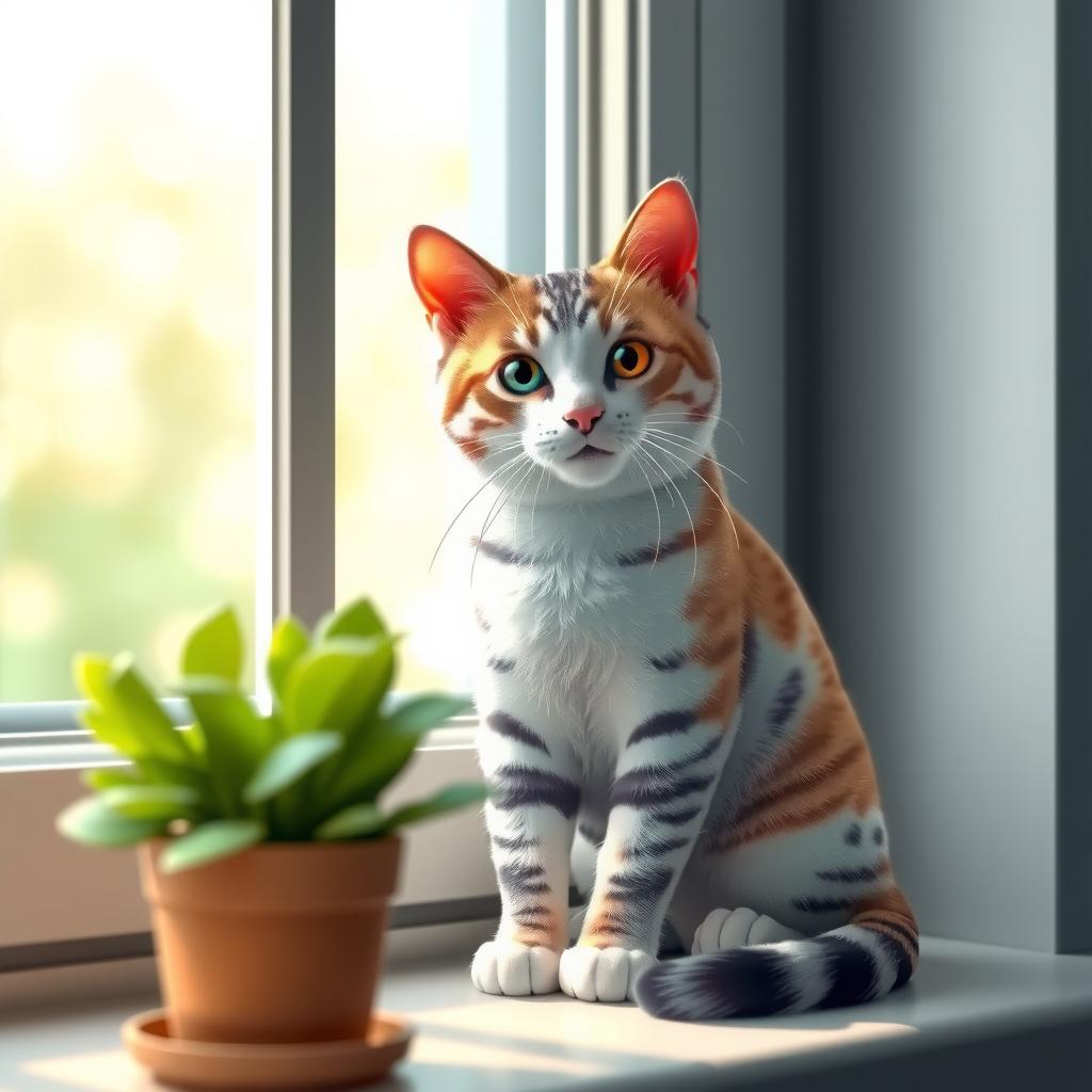  draw a cute cat sitting on a windowsill with a potted plant next to it. hyperrealistic, full body, detailed clothing, highly detailed, cinematic lighting, stunningly beautiful, intricate, sharp focus, f/1. 8, 85mm, (centered image composition), (professionally color graded), ((bright soft diffused light)), volumetric fog, trending on instagram, trending on tumblr, HDR 4K, 8K