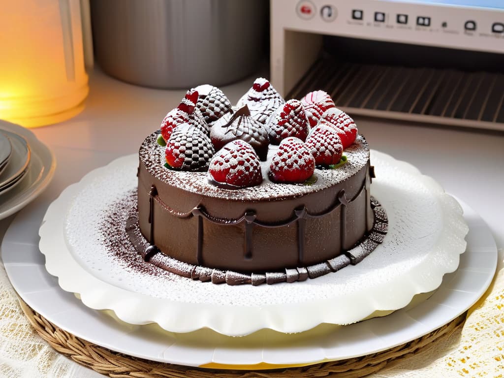  A closeup, ultradetailed image of a beautifully decorated glutenfree chocolate cake topped with fresh raspberries and a dusting of powdered sugar, set on a sleek white platter against a soft, blurred background of a modern kitchen. hyperrealistic, full body, detailed clothing, highly detailed, cinematic lighting, stunningly beautiful, intricate, sharp focus, f/1. 8, 85mm, (centered image composition), (professionally color graded), ((bright soft diffused light)), volumetric fog, trending on instagram, trending on tumblr, HDR 4K, 8K