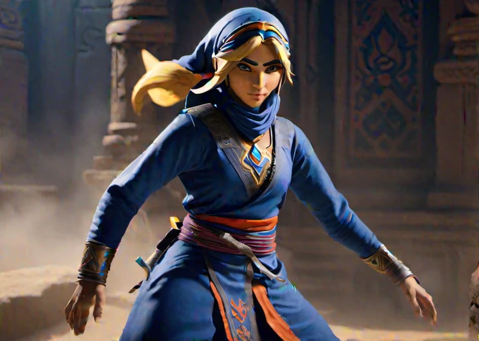  Showcasing Sheikah stealth and agility, depict Sheik in a dynamic pose, blending into the shadows with Sheikah symbols subtly integrated into the design. hyperrealistic, full body, detailed clothing, highly detailed, cinematic lighting, stunningly beautiful, intricate, sharp focus, f/1. 8, 85mm, (centered image composition), (professionally color graded), ((bright soft diffused light)), volumetric fog, trending on instagram, trending on tumblr, HDR 4K, 8K