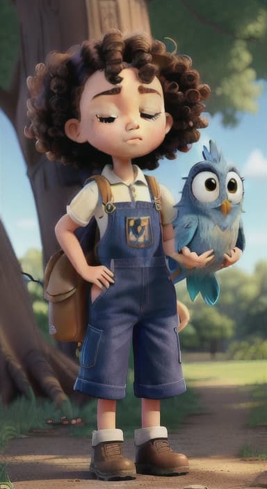  {Riley standing under the tree with eyes closed, making the wish., Riley, a curious with big brown eyes and curly hair, wearing overalls and carrying a small backpack. Their friend, Skye, a bluebird with shiny feathers.