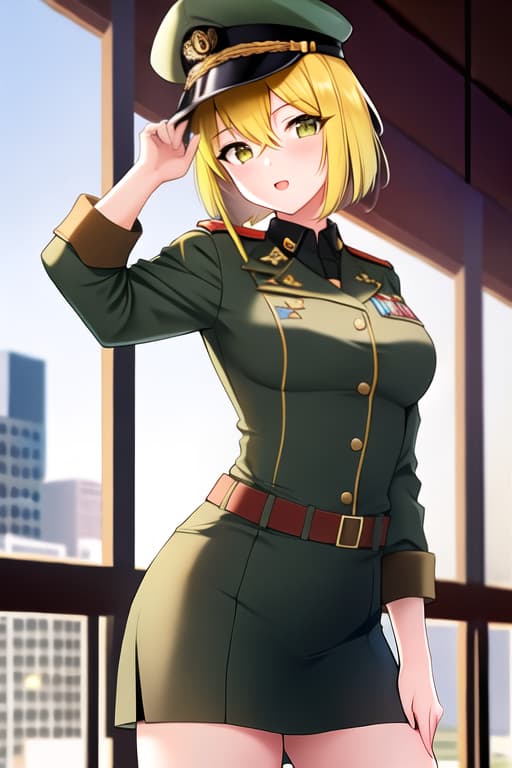  1girl, mature, military uniform, military hat, city background, battleground, looking at viewer, best quality, masterpiece, (( Man )), (( lovely eyes )), (( green eyes )), (( yellow hair )), (( bob hair fully-clothed attire ))