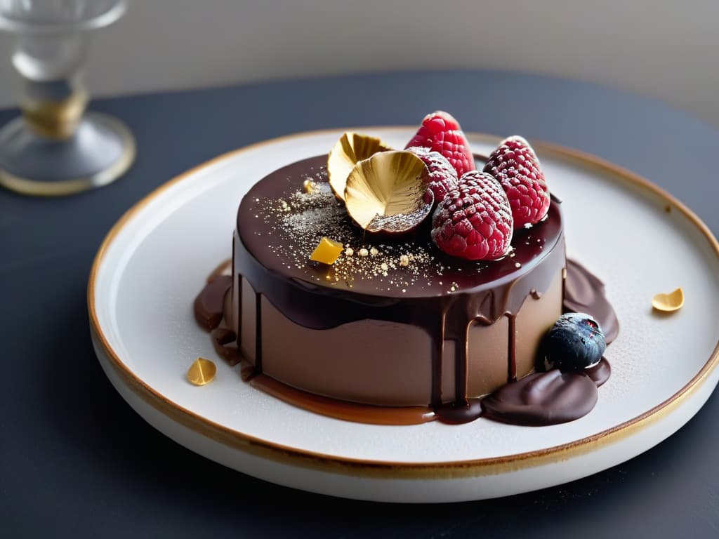  A closeup, ultradetailed photograph of a decadent chocolate dessert with a glossy ganache glaze, adorned with delicate gold leaf flakes and a single fresh raspberry perched on top. The dessert sits on a sleek, modern plate with a subtle geometric pattern, set against a stark white background to emphasize its luxurious texture and elegant presentation. hyperrealistic, full body, detailed clothing, highly detailed, cinematic lighting, stunningly beautiful, intricate, sharp focus, f/1. 8, 85mm, (centered image composition), (professionally color graded), ((bright soft diffused light)), volumetric fog, trending on instagram, trending on tumblr, HDR 4K, 8K