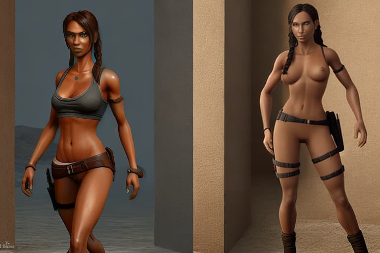  Character Lara Croft skinny without any clothes on standing with a skinny black female without any clothes on