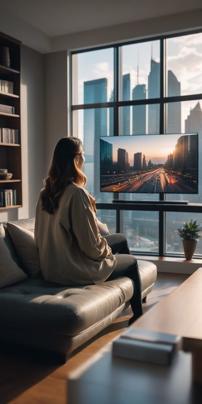  cinematic photo A beautiful girl is sitting at home and watching a big television in front of a big window with the city view. . 35mm photograph, film, bokeh, professional, 4k, highly detailed hyperrealistic, full body, detailed clothing, highly detailed, cinematic lighting, stunningly beautiful, intricate, sharp focus, f/1. 8, 85mm, (centered image composition), (professionally color graded), ((bright soft diffused light)), volumetric fog, trending on instagram, trending on tumblr, HDR 4K, 8K