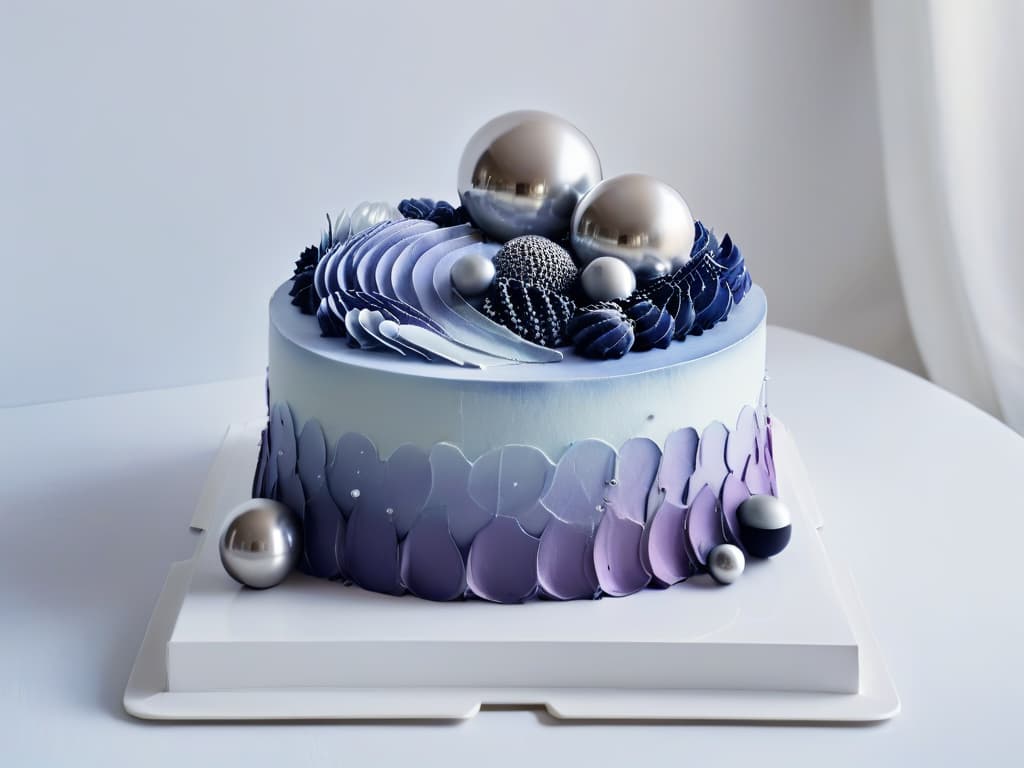  An intricately designed, futuristic cake with geometric patterns and metallic accents, sitting on a sleek, minimalist white pedestal. The cake is adorned with edible silver spheres, and the layers feature a gradient color scheme transitioning from deep purple to soft lavender. Light reflects off the metallic details, creating a striking visual contrast against the clean, white backdrop. hyperrealistic, full body, detailed clothing, highly detailed, cinematic lighting, stunningly beautiful, intricate, sharp focus, f/1. 8, 85mm, (centered image composition), (professionally color graded), ((bright soft diffused light)), volumetric fog, trending on instagram, trending on tumblr, HDR 4K, 8K