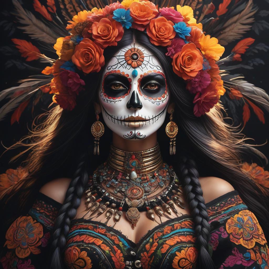  tribal style colorful painting on a dark black canvas, dios de los muertos, 70s Art, majestic, Cozy Woman, 50mm, Acid colors flakes, highly detailed, vector art, monochromatic, luxurious sharp focus, fertile, perfect symmetry, atmosphere, holy, perfect composition, artistic, detailed . indigenous, ethnic, traditional patterns, bold, natural colors, highly detailed hyperrealistic, full body, detailed clothing, highly detailed, cinematic lighting, stunningly beautiful, intricate, sharp focus, f/1. 8, 85mm, (centered image composition), (professionally color graded), ((bright soft diffused light)), volumetric fog, trending on instagram, trending on tumblr, HDR 4K, 8K