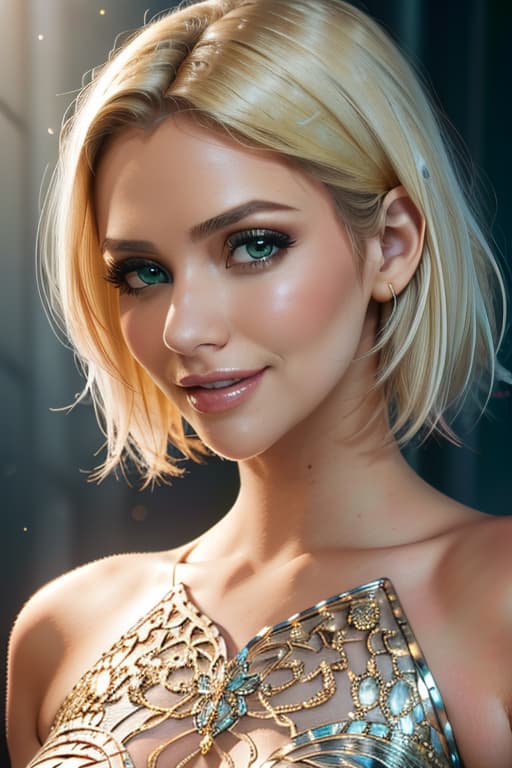  1girl,1girl,blonde short hair,straight hair,upper body shot,shirt,smile hyperrealistic, full body, detailed clothing, highly detailed, cinematic lighting, stunningly beautiful, intricate, sharp focus, f/1. 8, 85mm, (centered image composition), (professionally color graded), ((bright soft diffused light)), volumetric fog, trending on instagram, trending on tumblr, HDR 4K, 8K