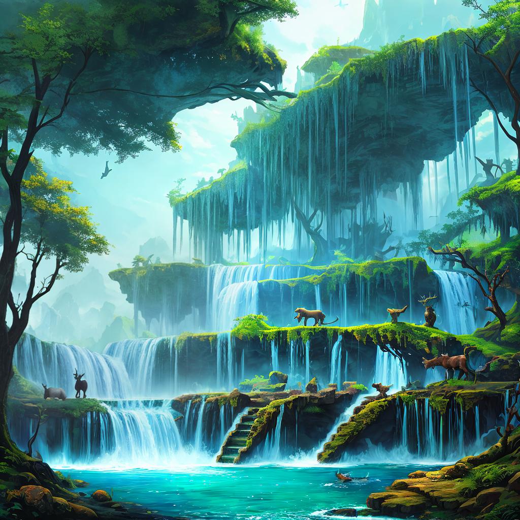  in a fantasy setting, Paint a surreal landscape where mythical beasts roam amidst cascading waterfalls.