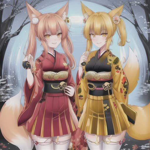  cute fox girls, yellow hair, Japanese outfits, hentai