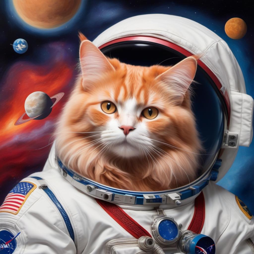  A beautiful fluffy Russian red cat, with a long mustache, in a white spacesuit of an astronaut, flies in space, between planets.Acrylic painting style, butter