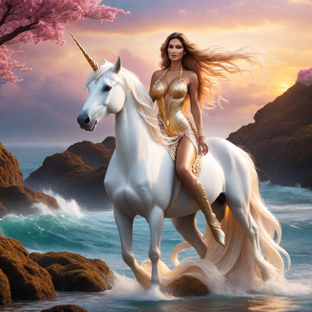  A magical scene featuring a mermaid riding on a unicorn. The mermaid has flowing hair, a shimmering tail with scales, and is adorned with seashell jewelry. The unicorn has a sleek, white coat with a golden horn and a flowing mane and tail. They are positioned against a vibrant, fantasy-like background, perhaps near a sparkling ocean with the sunset casting a golden glow over the scene. The overall mood is whimsical and enchanting. hyperrealistic, full body, detailed clothing, highly detailed, cinematic lighting, stunningly beautiful, intricate, sharp focus, f/1. 8, 85mm, (centered image composition), (professionally color graded), ((bright soft diffused light)), volumetric fog, trending on instagram, trending on tumblr, HDR 4K, 8K