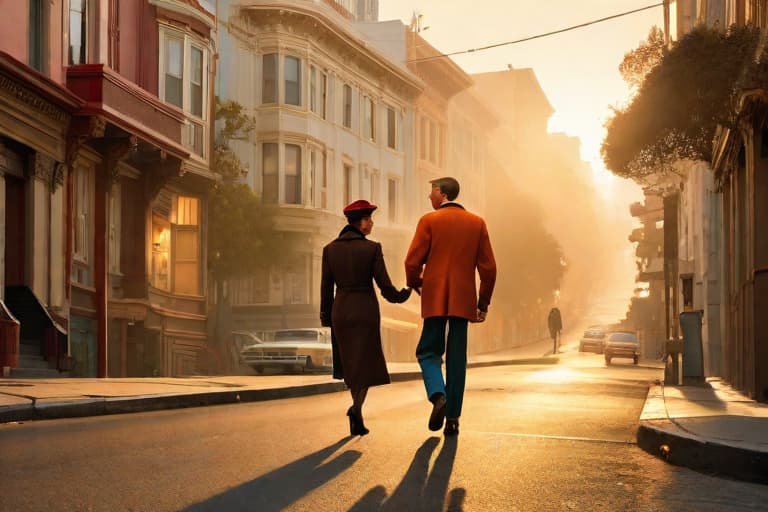  Beautiful illustration by Hergé of a boy and girl playing in the streets of San Francisco at sunset hyperrealistic, full body, detailed clothing, highly detailed, cinematic lighting, stunningly beautiful, intricate, sharp focus, f/1. 8, 85mm, (centered image composition), (professionally color graded), ((bright soft diffused light)), volumetric fog, trending on instagram, trending on tumblr, HDR 4K, 8K