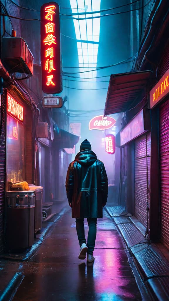  A cyberpunk alleyway filled with neon signs and holographic advertisements. hyperrealistic, full body, detailed clothing, highly detailed, cinematic lighting, stunningly beautiful, intricate, sharp focus, f/1. 8, 85mm, (centered image composition), (professionally color graded), ((bright soft diffused light)), volumetric fog, trending on instagram, trending on tumblr, HDR 4K, 8K